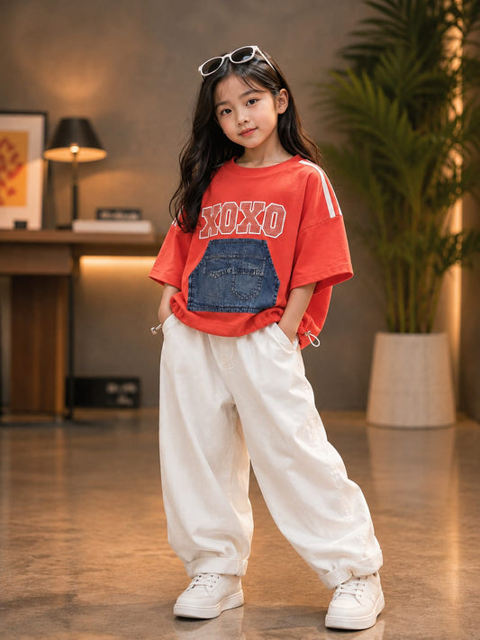 Girls Red XOXO Denim Pocket Graphic T-Shirt