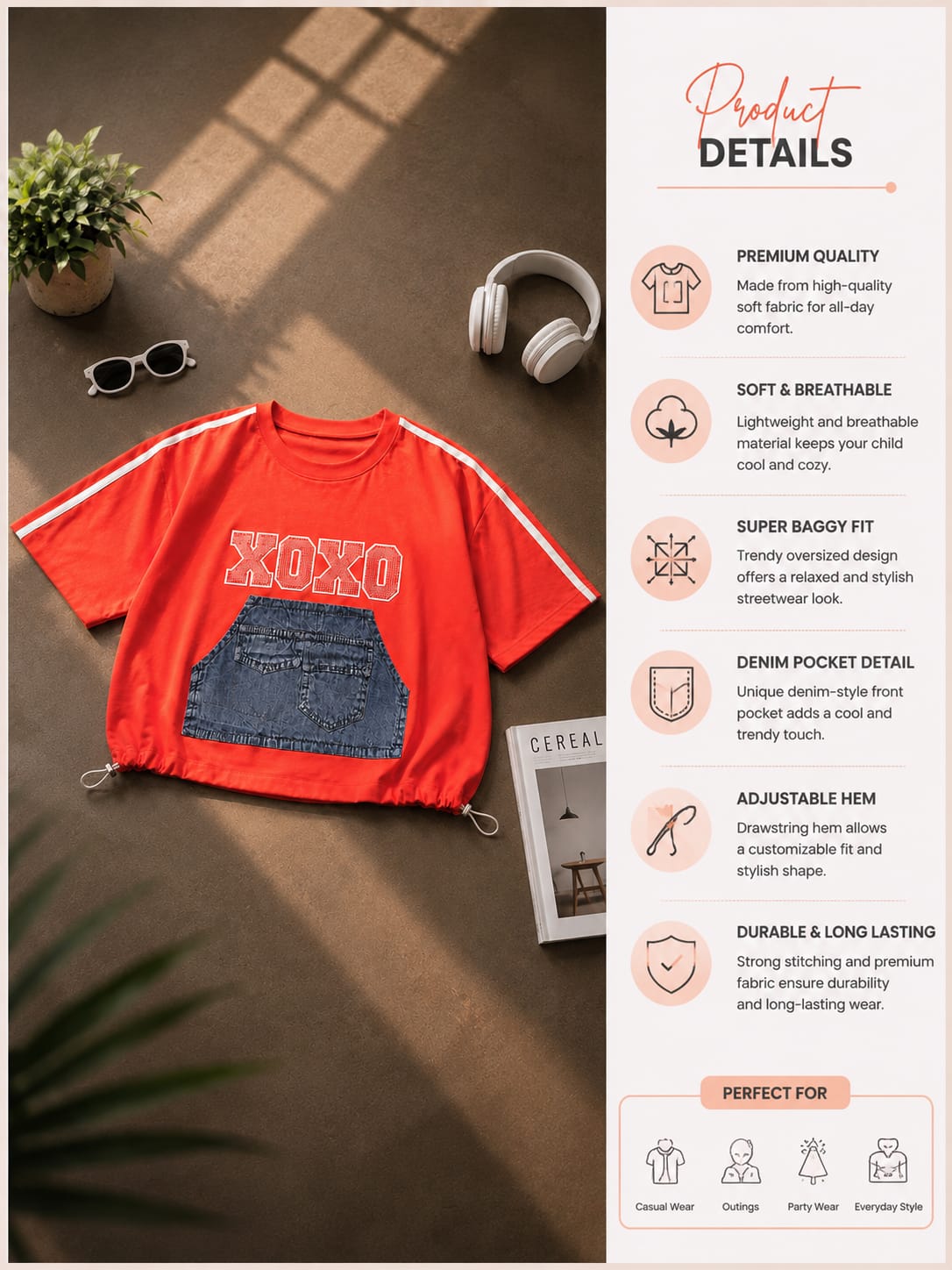 Girls Red XOXO Denim Pocket Graphic T-Shirt