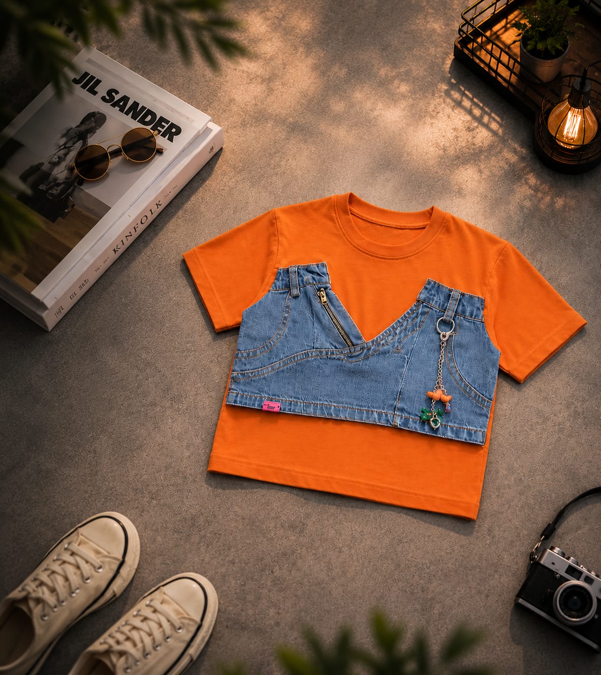 Girls Orange Denim Pocket Layered T-Shirt