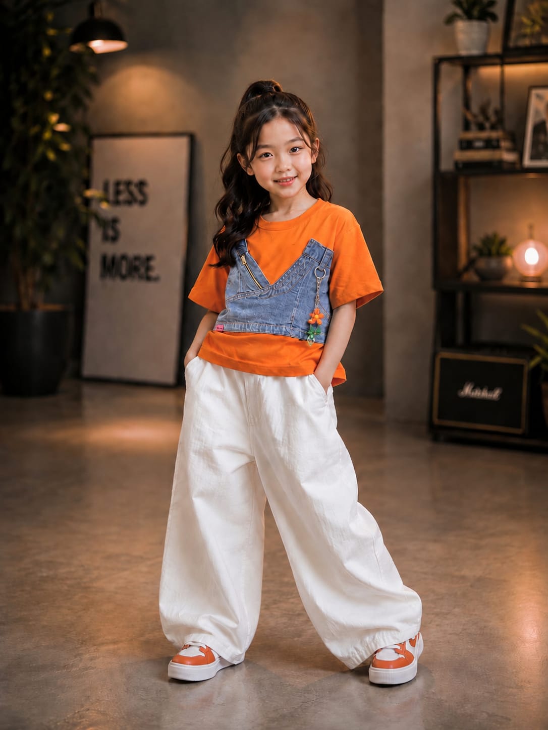 Girls Orange Denim Pocket Layered T-Shirt