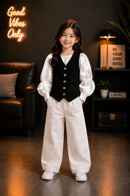 Girls Black Waistcoat Style Puff Sleeve Top