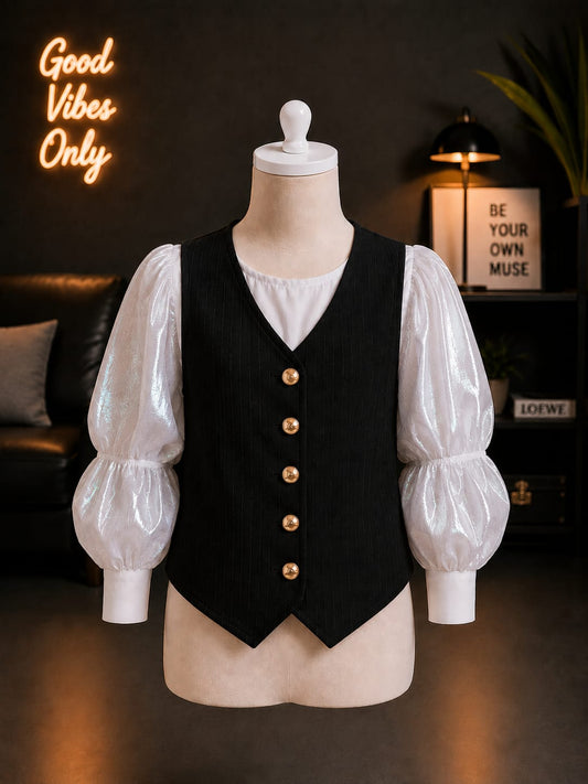 Girls Black Waistcoat Style Puff Sleeve Top