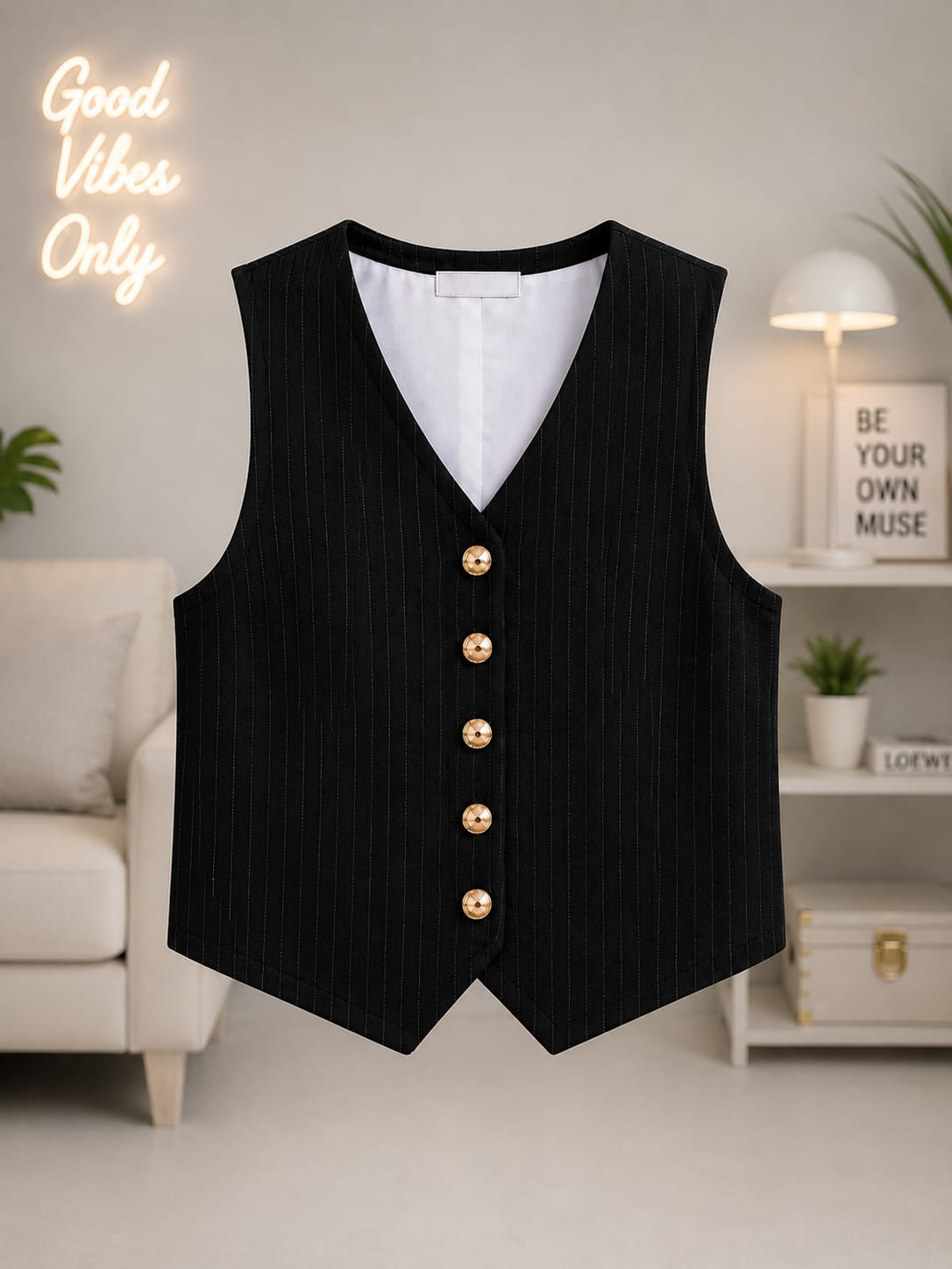 Girls Black Waistcoat Style Puff Sleeve Top