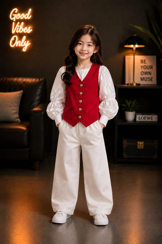 Girls Red Waistcoat Style Puff Sleeve Top