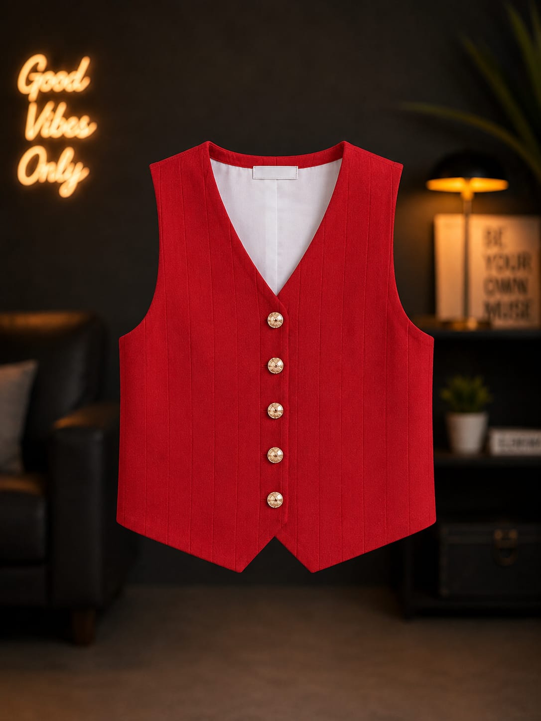 Girls Red Waistcoat Style Puff Sleeve Top