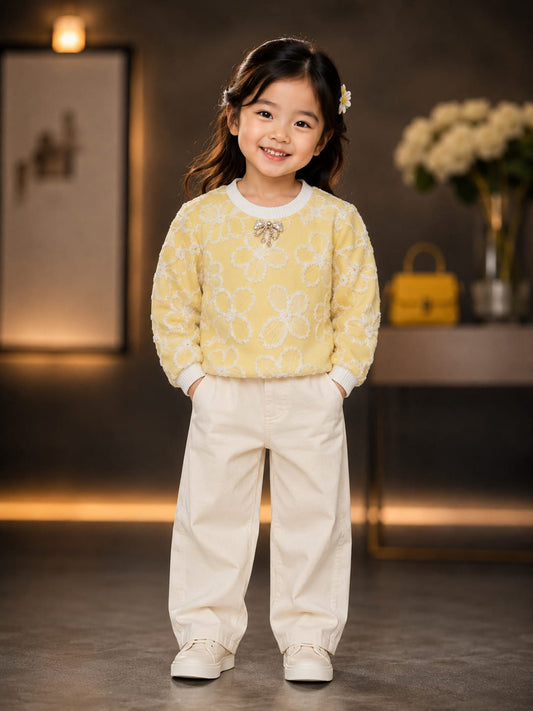 Girls Pastel Yellow Floral Embroidered Sweatshirt