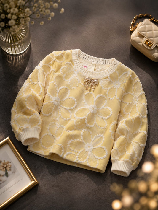 Girls Pastel Yellow Floral Embroidered Sweatshirt