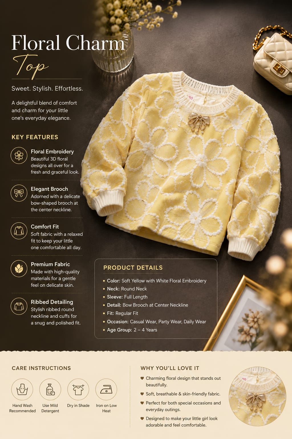 Girls Pastel Yellow Floral Embroidered Sweatshirt