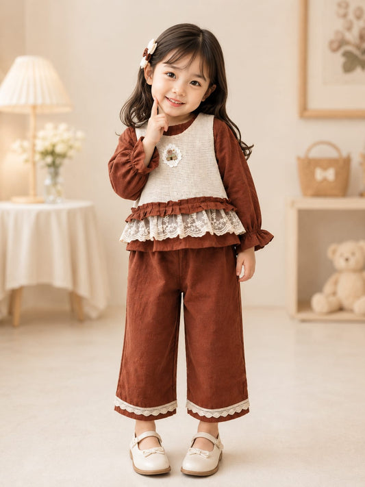 Girls Brown Lace Layered Co-Ord Set