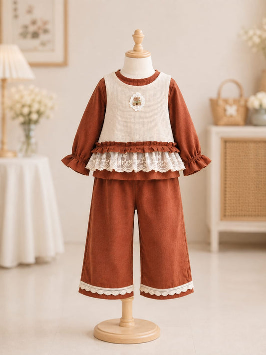 Girls Brown Lace Layered Co-Ord Set