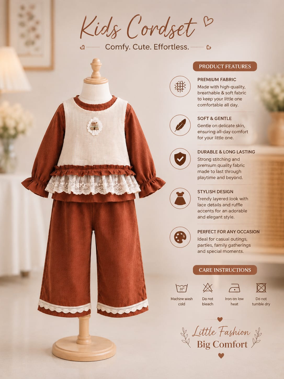 Girls Brown Lace Layered Co-Ord Set