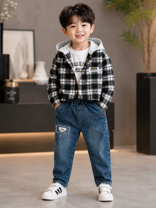 Boys Black & White Checked Shirt with T-Shirt & Denim Jeans 3-Piece Set | Sizes 18-26