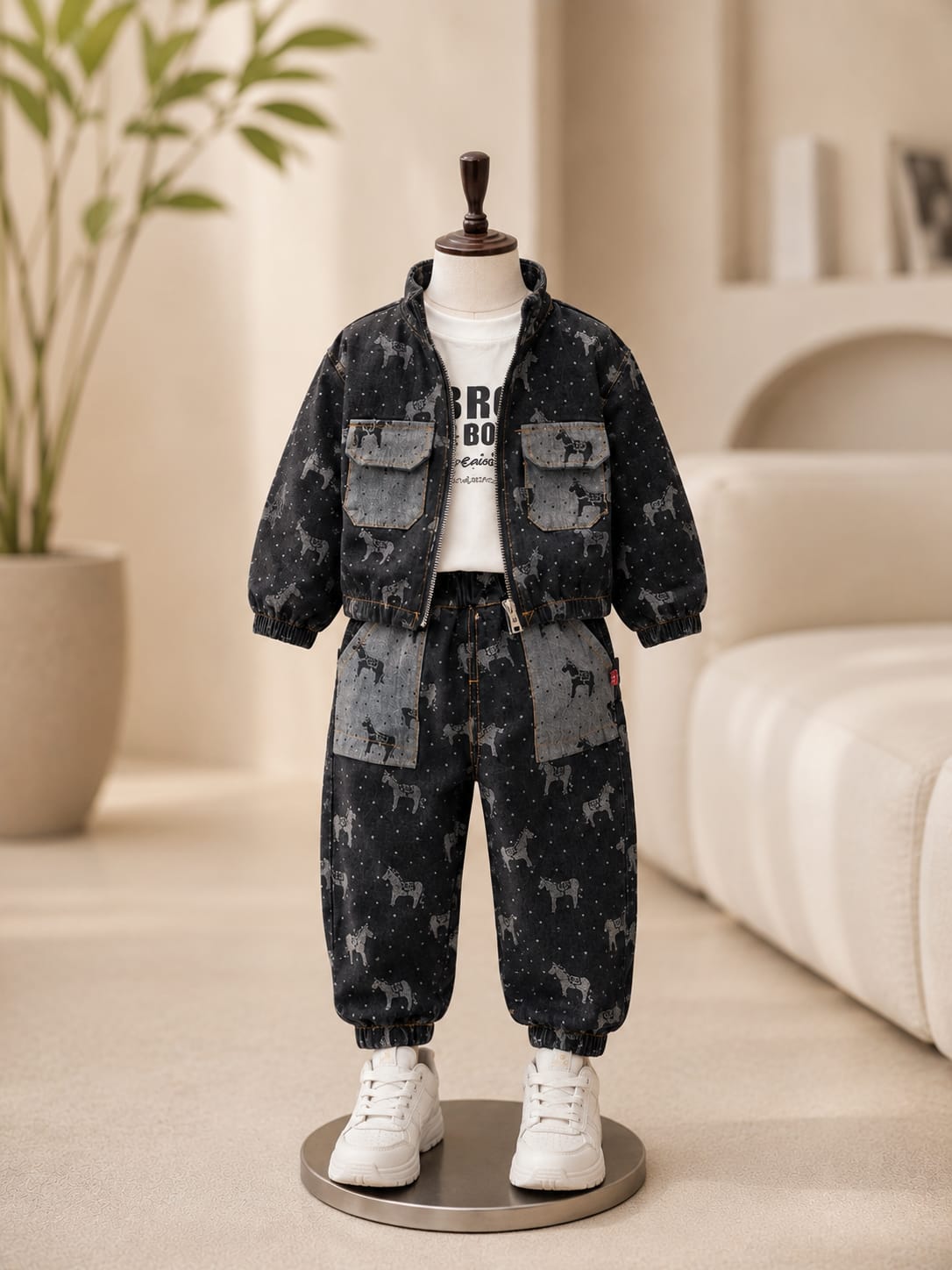 Boys Black Printed Jacket with T-Shirt & Jogger Set | 3-Piece Winter Outfit | Sizes 18-26