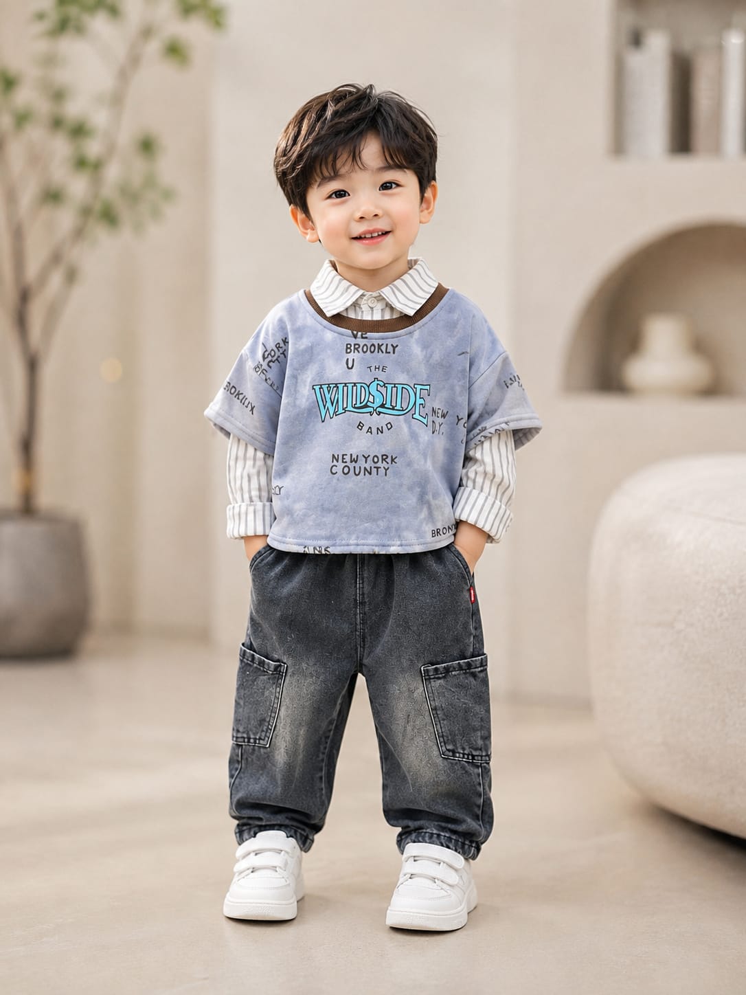 Boys Blue Printed T-Shirt with Striped Shirt & Black Cargo Jogger Set | 3-Piece Set | Sizes 18-26