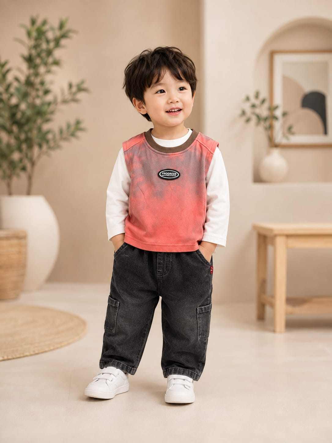 Boys Korean Style Sleeveless Sweatshirt with Full Sleeve Tee & Cargo Jeans Set | Size 18–26