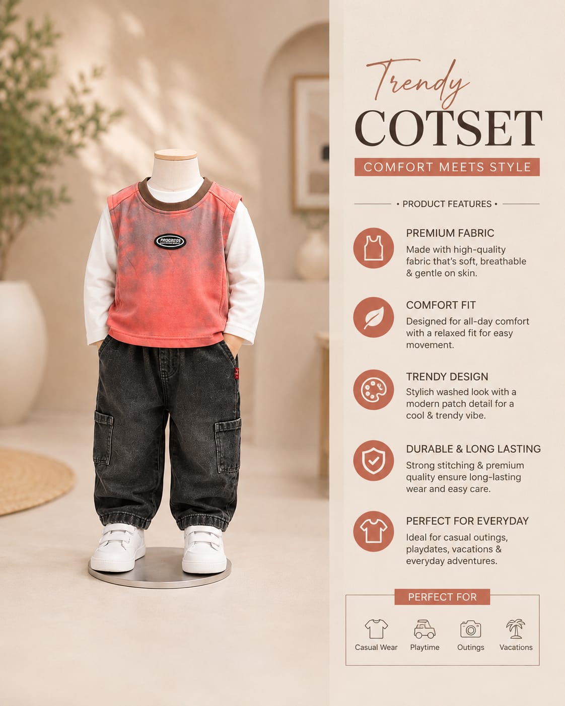 Boys Korean Style Sleeveless Sweatshirt with Full Sleeve Tee & Cargo Jeans Set | Size 18–26