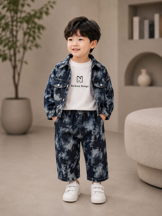 Boys Korean Denim Co-Ord Set – Printed Denim Jacket, T-Shirt & Cargo Pants | Size 18–26