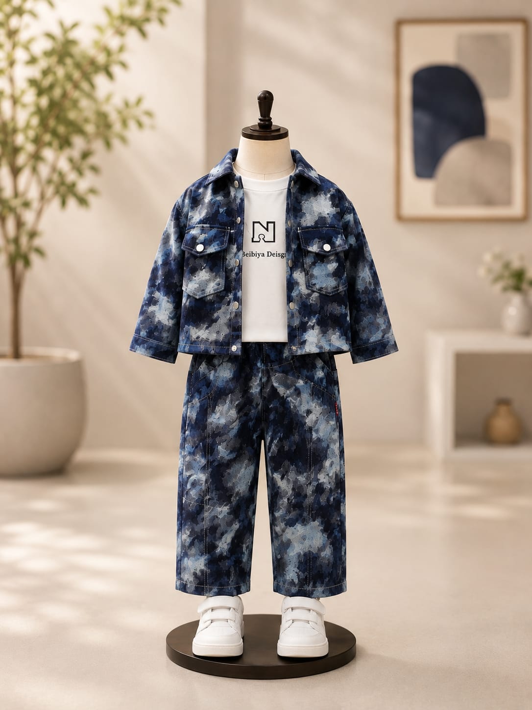 Boys Korean Denim Co-Ord Set – Printed Denim Jacket, T-Shirt & Cargo Pants | Size 18–26
