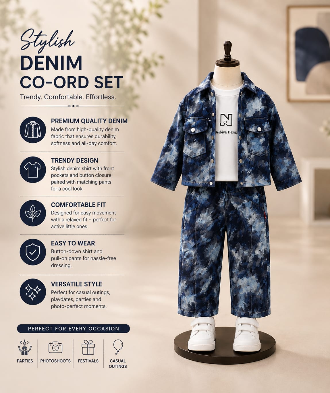 Boys Korean Denim Co-Ord Set – Printed Denim Jacket, T-Shirt & Cargo Pants | Size 18–26
