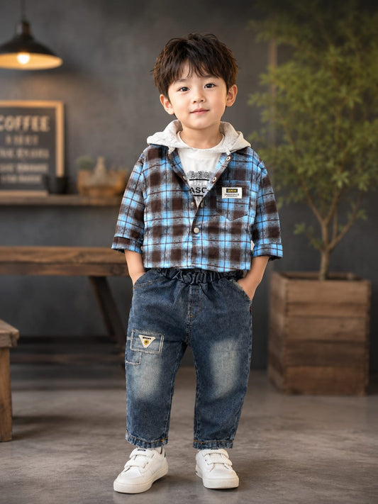Boys 3-Piece Checked Hoodie Shirt & Black Denim Jeans Set | Casual Winter Outfit | 1-5 Years