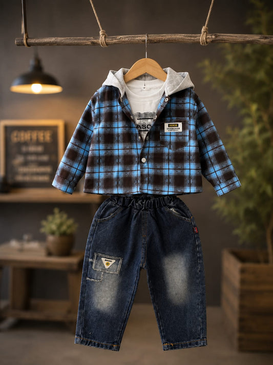 Boys 3-Piece Checked Hoodie Shirt & Black Denim Jeans Set | Casual Winter Outfit | 1-5 Years