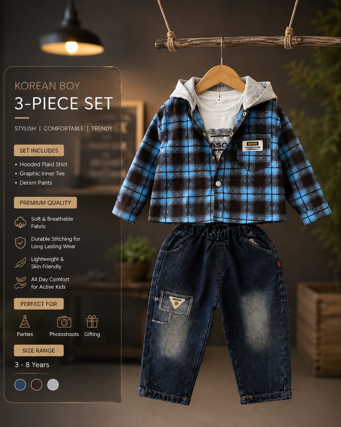 Boys 3-Piece Checked Hoodie Shirt & Black Denim Jeans Set | Casual Winter Outfit | 1-5 Years