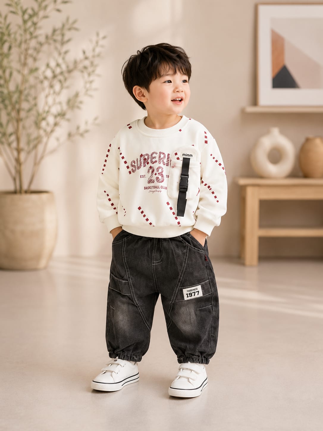 Boys White Printed Sweatshirt with Black Cargo Jogger Set | 2-Piece Set | Sizes 18-26