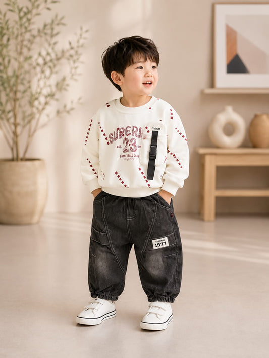 Boys White Printed Sweatshirt with Black Cargo Jogger Set | 2-Piece Set | Sizes 18-26