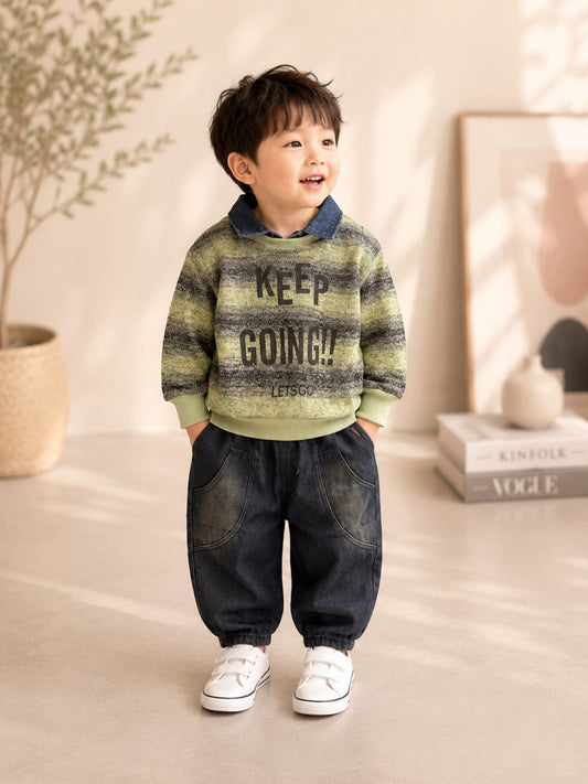 Boys Olive Green Printed Sweatshirt with Black Denim Jeans Set | 2-Piece Set | Sizes 18-26