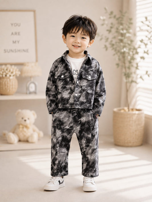 Boys Black & Grey Camo Jacket with T-Shirt & Matching Cargo Pants Set | 3-Piece Set | Sizes 18-26