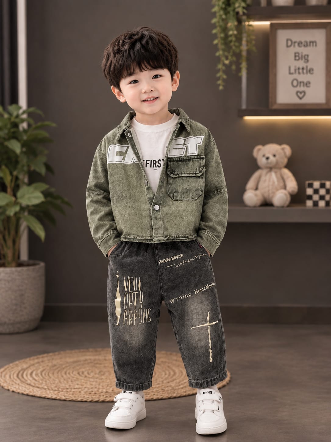Boys Korean Streetwear Denim Set – Printed Jacket & Baggy Jeans | Size 18–26