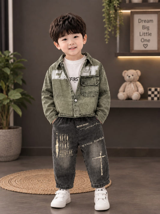 Boys Korean Streetwear Denim Set – Printed Jacket & Baggy Jeans | Size 18–26