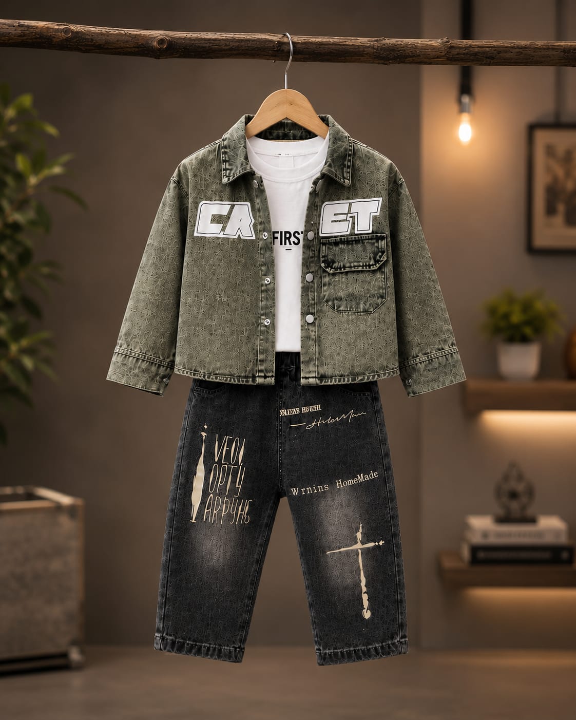 Boys Korean Streetwear Denim Set – Printed Jacket & Baggy Jeans | Size 18–26
