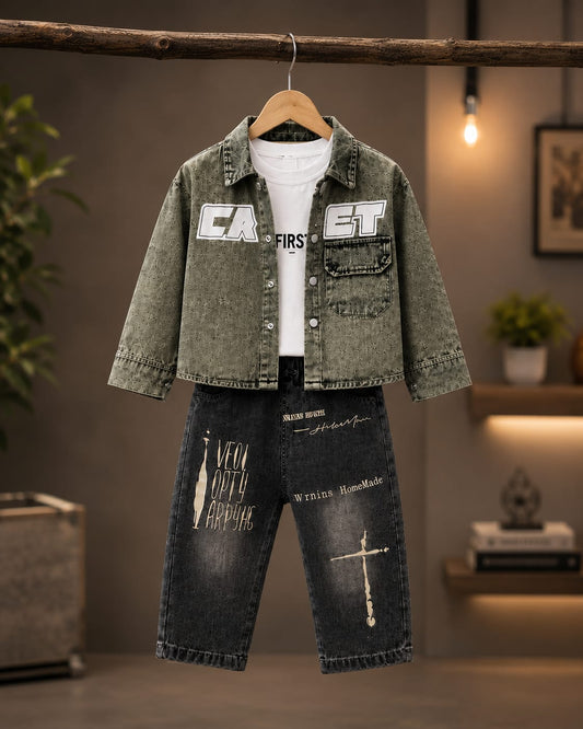 Boys Korean Streetwear Denim Set – Printed Jacket & Baggy Jeans | Size 18–26