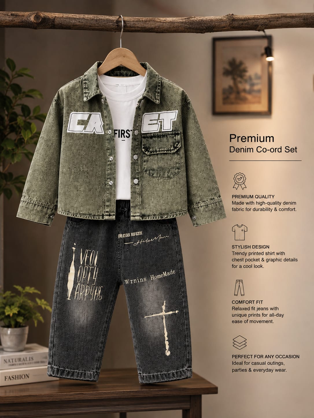 Boys Korean Streetwear Denim Set – Printed Jacket & Baggy Jeans | Size 18–26