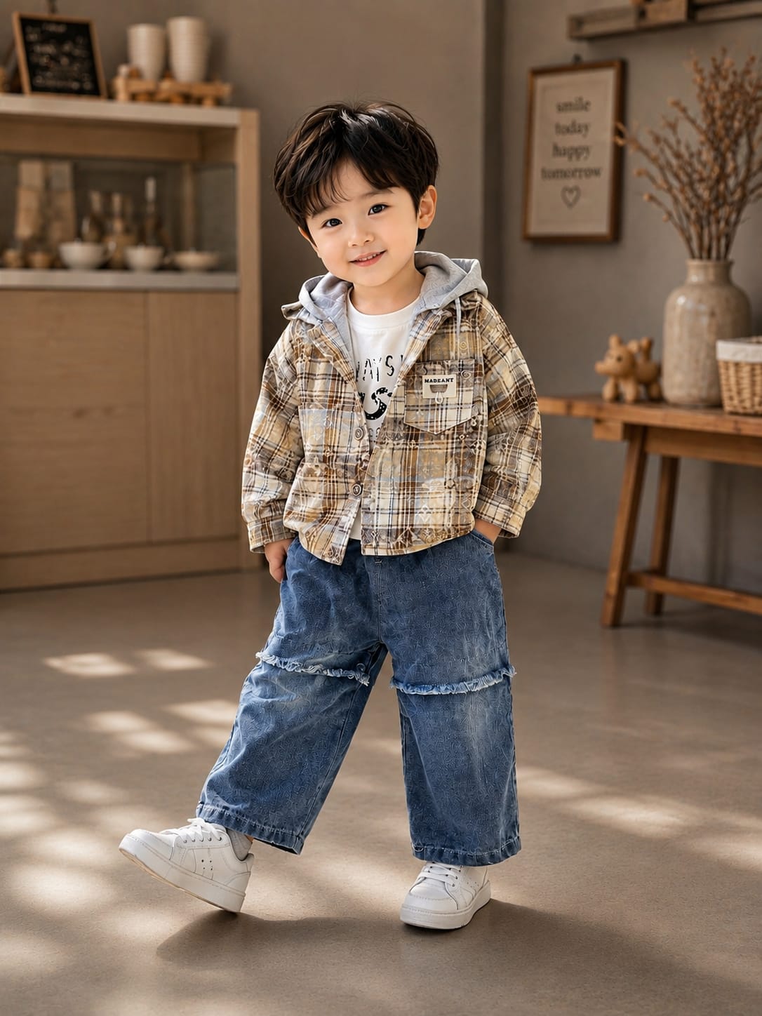 Kids Korean 3-Piece  Co-ord Set Set – Hooded Plaid Jacket, T-Shirt & Wide-Leg Denim | Size 18–26