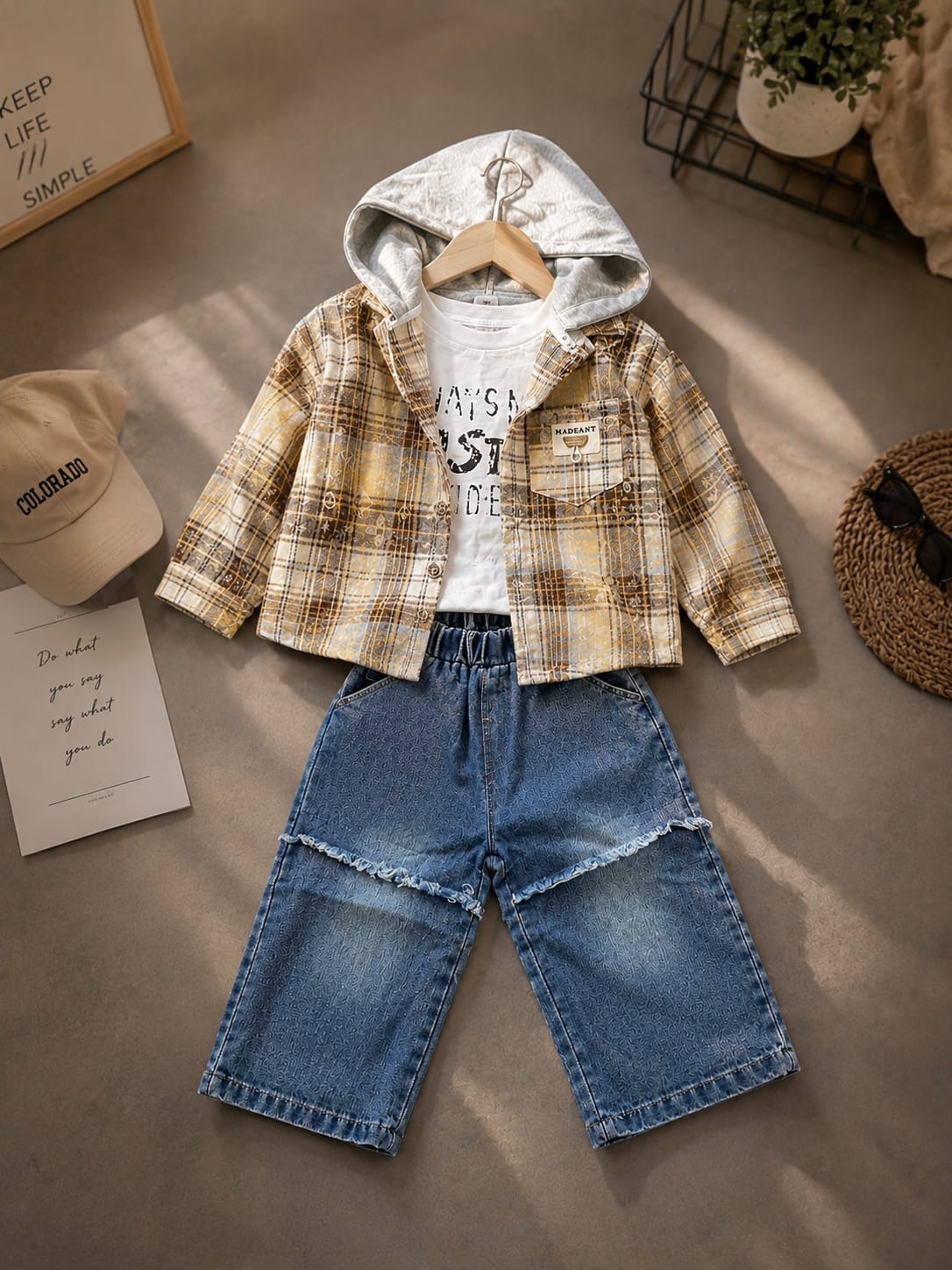 Kids Korean 3-Piece  Co-ord Set Set – Hooded Plaid Jacket, T-Shirt & Wide-Leg Denim | Size 18–26