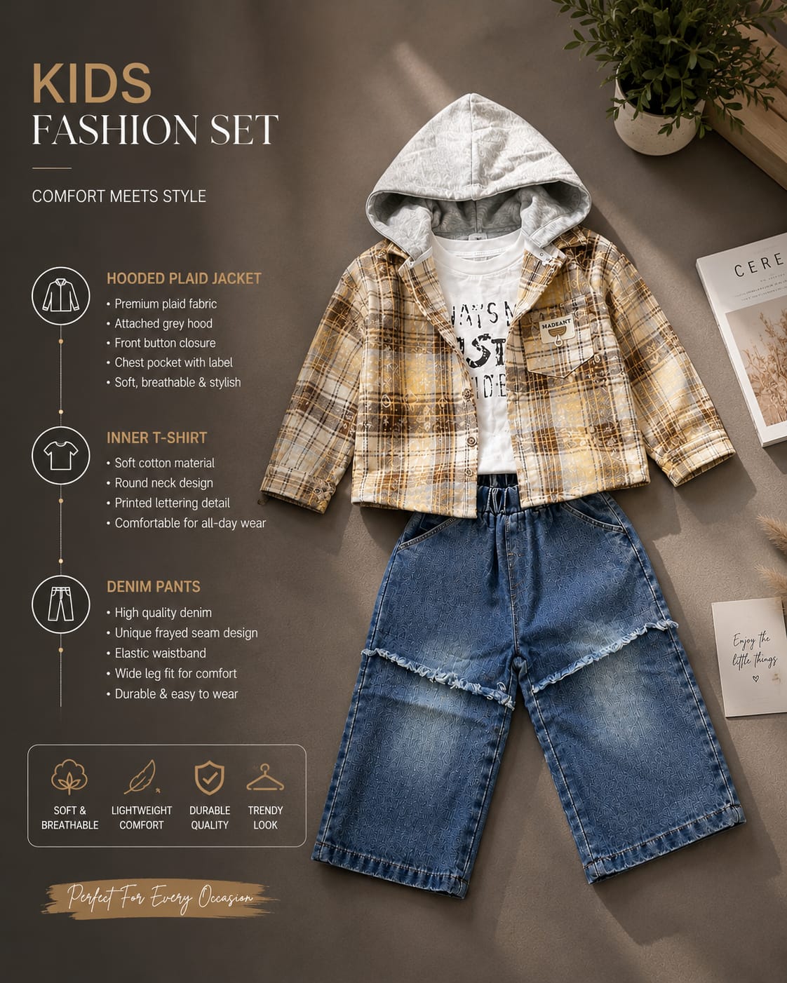 Kids Korean 3-Piece  Co-ord Set Set – Hooded Plaid Jacket, T-Shirt & Wide-Leg Denim | Size 18–26
