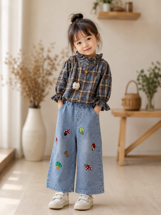 Girls Blue Checked Shirt with Mushroom Embroidery Denim Jeans Set | 2-Piece Set | Sizes 18-26
