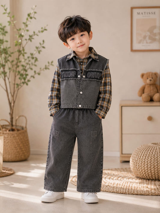 Boys Black Denim Jacket with Checked Shirt & Denim Jeans Set | 3-Piece Set | Sizes 18-26