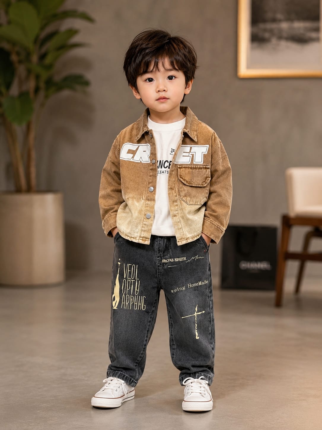 Boys Brown Denim Jacket with T-Shirt & Printed Black Jeans Set | 3-Piece Set | Sizes 18-26