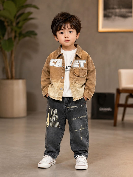 Boys Brown Denim Jacket with T-Shirt & Printed Black Jeans Set | 3-Piece Set | Sizes 18-26