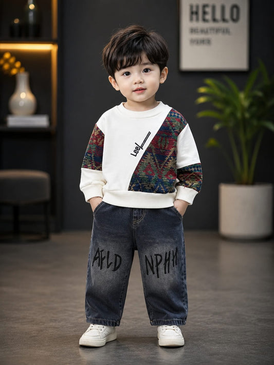 Boys White Printed Sweatshirt with Black Printed Denim Jeans Set | 2-Piece Set | Sizes 18-26