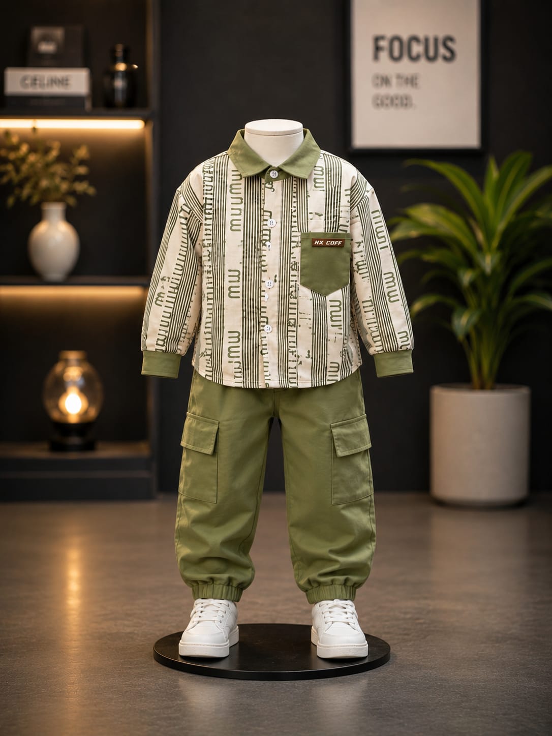 Boys Olive Green Printed Shirt with Cargo Jogger Set | 2-Piece Set | Sizes 18-26