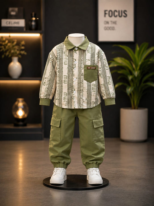Boys Olive Green Printed Shirt with Cargo Jogger Set | 2-Piece Set | Sizes 18-26