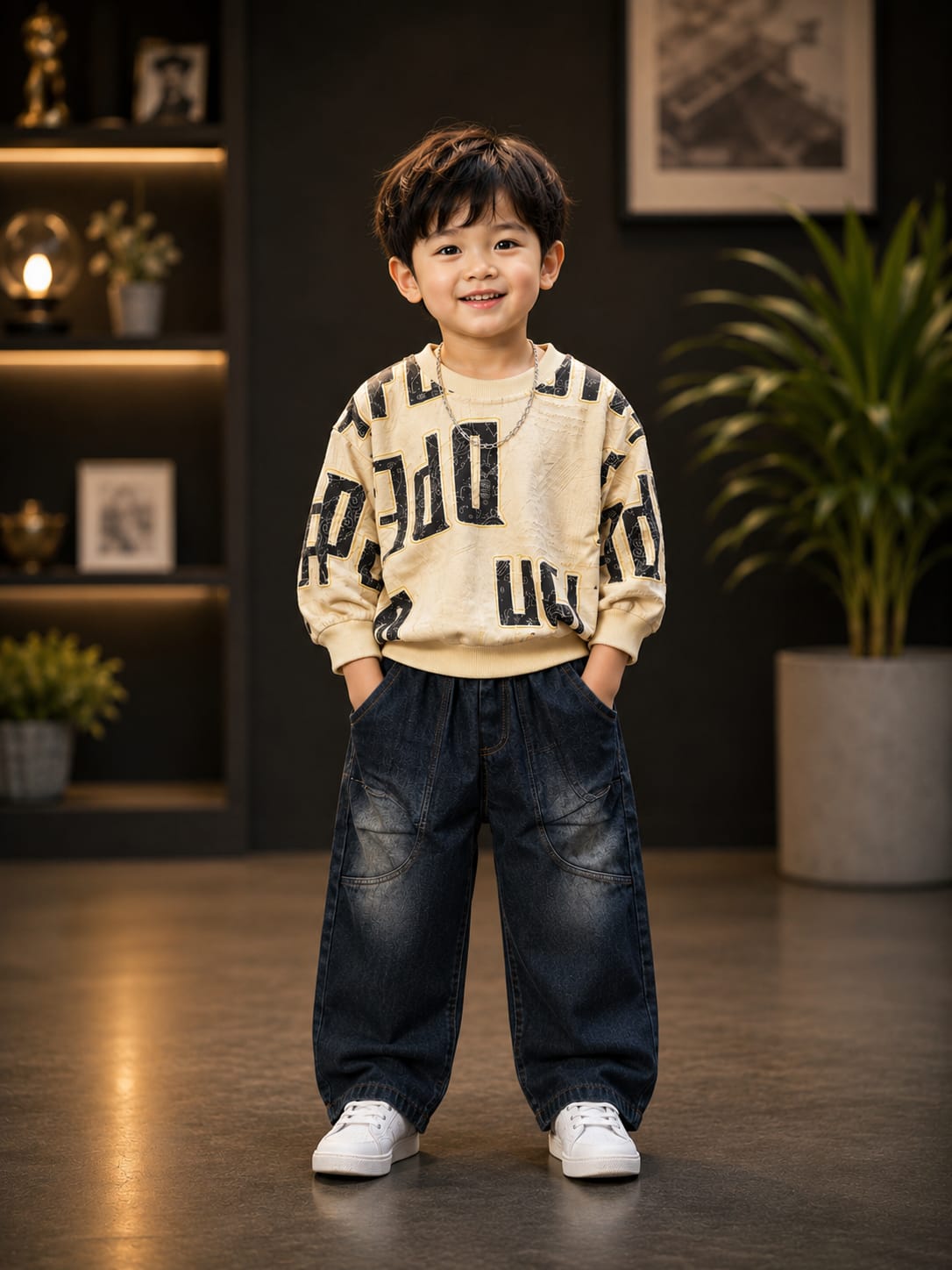 Boys Cream Printed Sweatshirt with Dark Blue Cargo Jeans Set | 2-Piece Set | Sizes 18-26