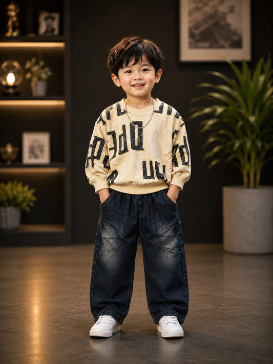 Boys Cream Printed Sweatshirt with Dark Blue Cargo Jeans Set | 2-Piece Set | Sizes 18-26