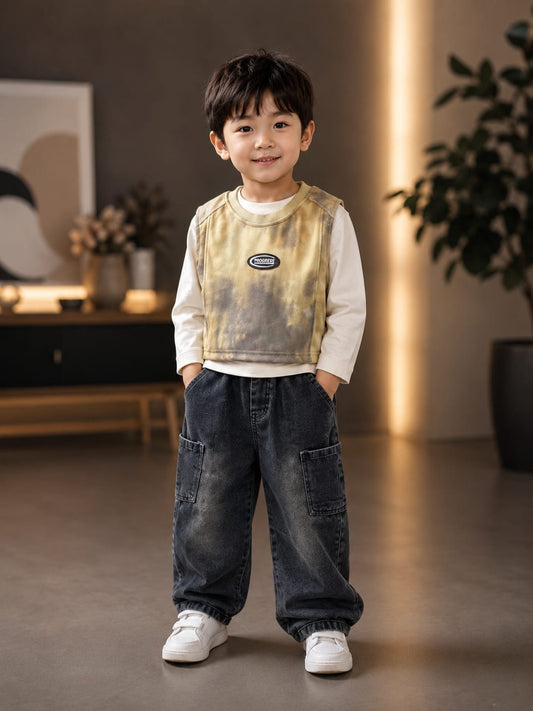 Boys Yellow Tie-Dye Vest with White T-Shirt & Black Cargo Jeans Set | 3-Piece Set | Sizes 18-26