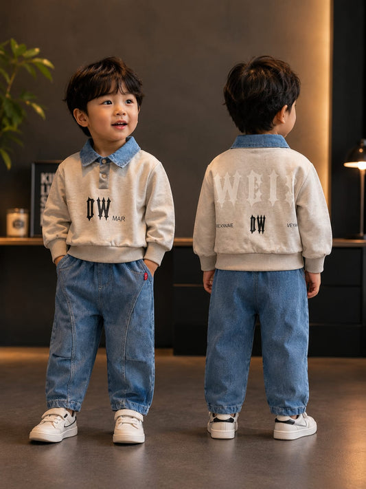 Boys Beige Sweatshirt with Denim Collar & Light Blue Cargo Jeans Set | 2-Piece Set | Sizes 18-26