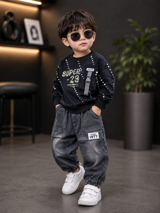 Boys 2-Piece Black Sweatshirt & Grey Denim Jogger Set | Trendy Kids Outfit | Sizes 18-26